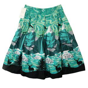 Dressever Pleated Skirt Mountains Deer Wolves Green Winter Side Zip